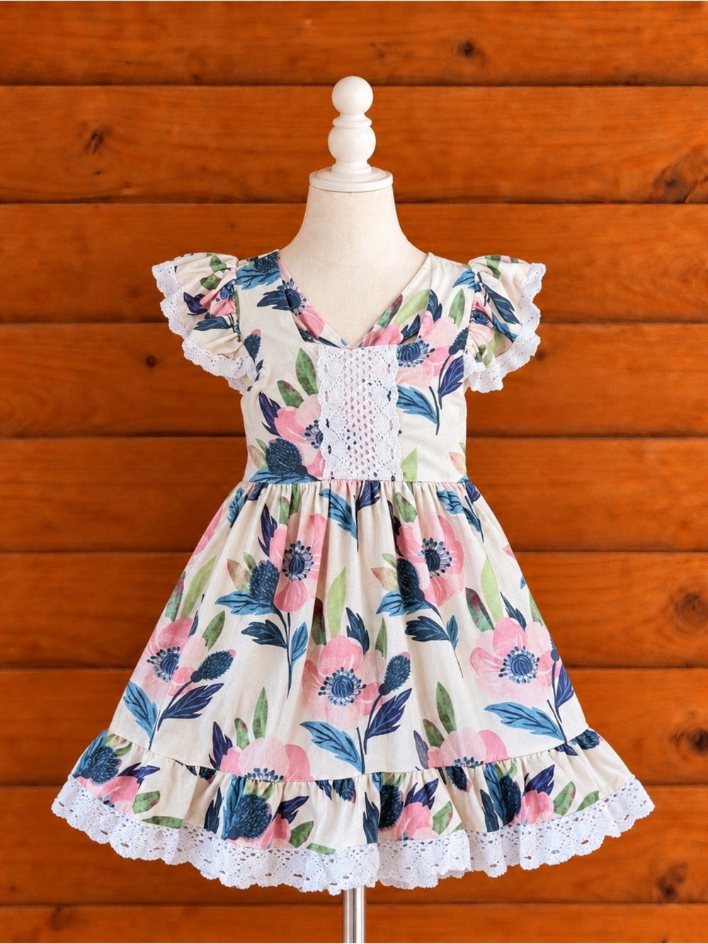 Girls boutique Boho Chicano wildflower Lace-Trim Dress in Pink & Blue sizeM 3/4